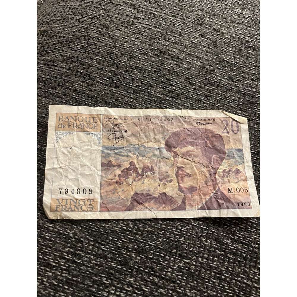 French 20 Francs banknote featuring composer Claude Debussy 1980 Money Currency